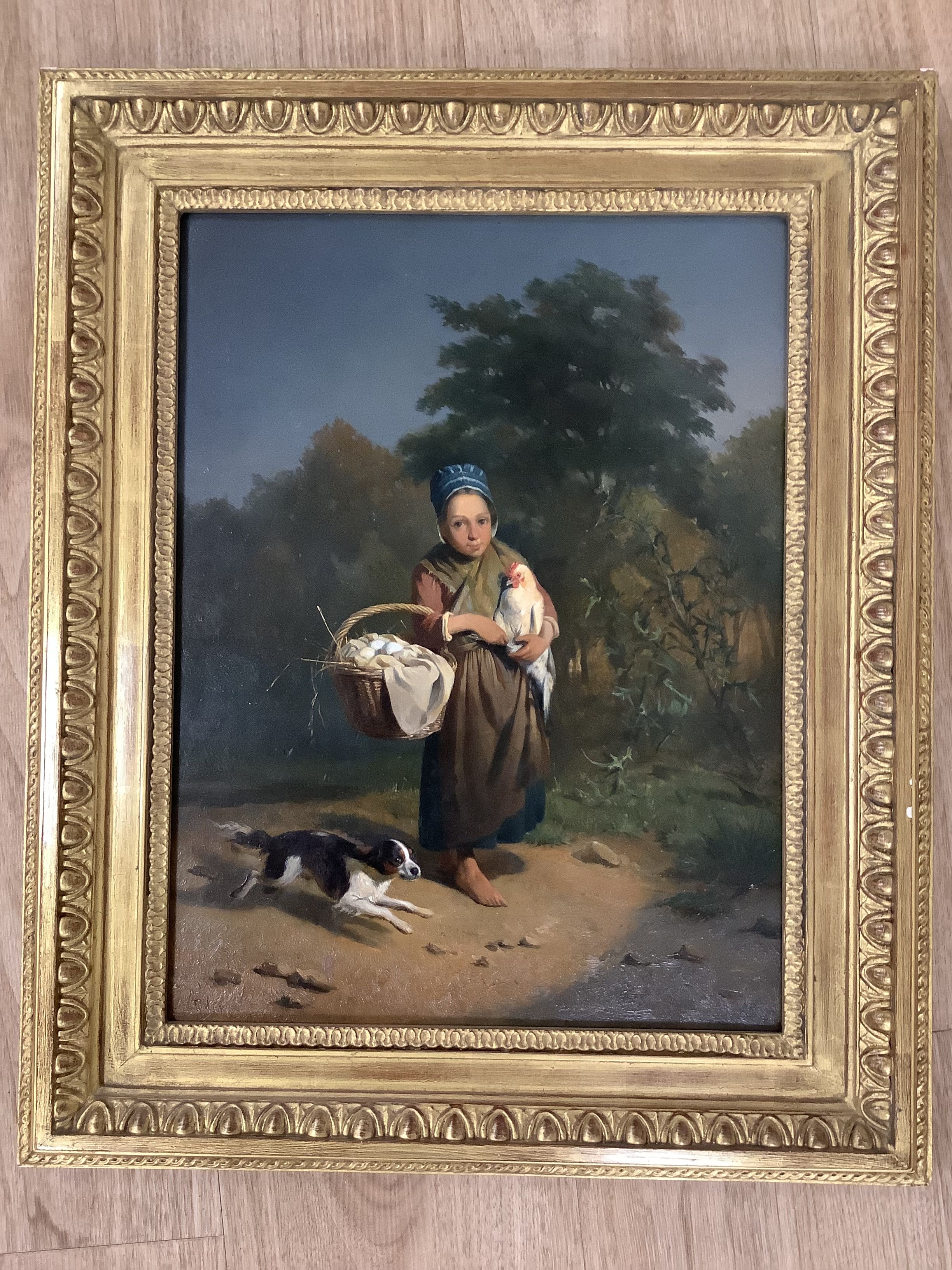 Continental school, 19th century, oil on panel, study of a peasant girl and her dog. 41x31cm